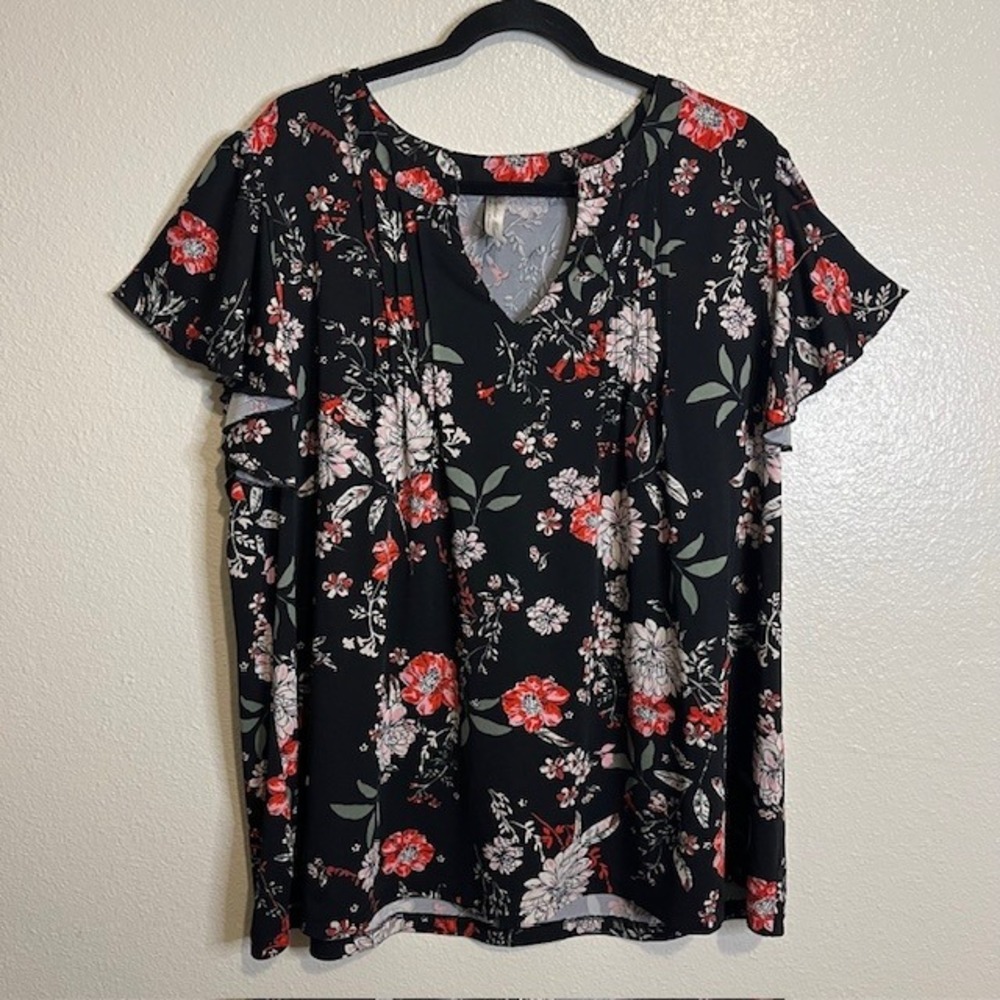 Per Seption 2X Black Floral Print‎ Flutter Sleeve V Neck Top Grunge Artsy